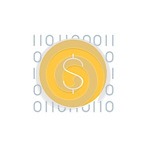 Coin with code, digital money, e-money, mobile payment white outline icon. Finance, payment, invest finance symbol