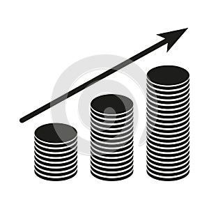 Coin columns up arrow. Finance isometric. Pile money. Vector illustration.