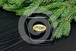 Coin crypto currency Bitcoin on the phone. Spruce branch on back