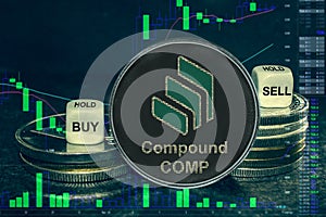 Coin cryptocurrency COPM stack of coins and dice. Exchange chart