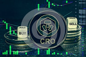 Coin cryptocurrency CRO crypto com chain  stack of coins and dice. Exchange chart to buy, sell, hold.