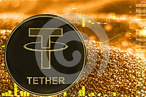 Coin cryptocurrency tether usdt on golden chart.