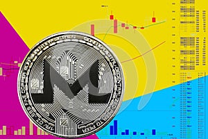 Coin cryptocurrency XMR on chart and yellow blue neon background.