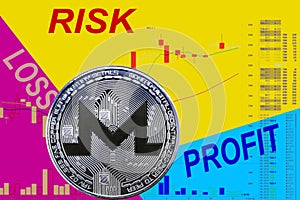 Coin cryptocurrency XMR on chart and yellow blue neon background.