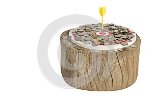 Coin with dart board on the wood. Clipping path