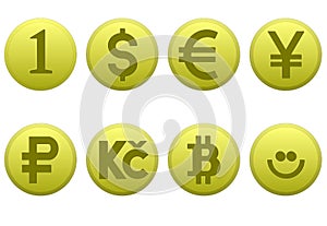 Coin, dollar, euro, yen, ruble, czech koruna, bitcoin on white background