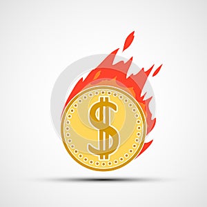 Coin dollar on fire. Money burning in flames