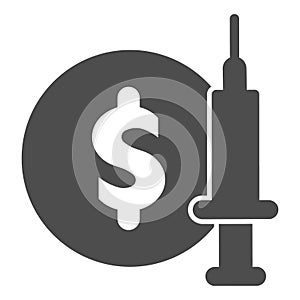 Coin with dollar and syringe solid icon, injections concept, Vaccine price or vaccine cost sign on white background