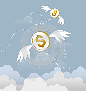 Coin dollar with wings flying in the sky. Lost money concept