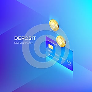 Coin drops into credit card isometric banner. Banking or payment service. Deposit replenishment and saving money. Vector