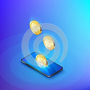 Coin drops into mobile phone isometric banner. Online banking or payment service. Deposit replenishment and saving money. Vector
