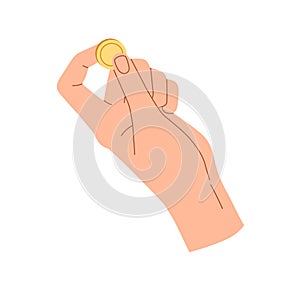 Coin in fingers icon. Hand holding cash money. Finance bonuses, aid, financial humanitarian help concept. Donator with