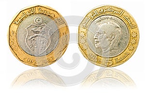Coin five dinars. Tunisian Republic