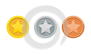 Coin game medal with the star icon. Gold, silver and bronze medal. 1st, 2nd and 3rd places award. Vector on isolated white