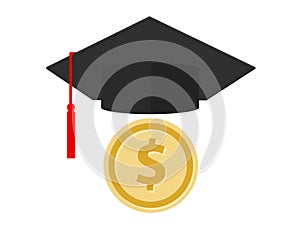 coin and graduation hat cap symbol icon of education degree fee cost college loan or savings