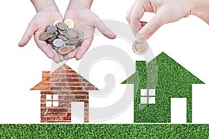 Coin Hand holding house icon in nature as symbol of mortgage