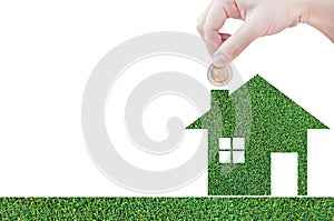 Coin Hand holding house icon in nature as symbol of mortgage, Dream house on nature background