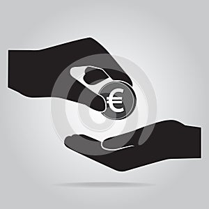 Coin in hand icon. Euro currency sign.