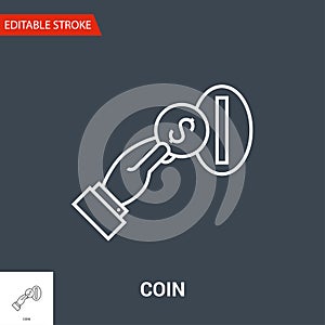 Coin in Hand Icon. Thin Line Vector Illustration