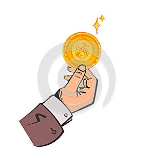 Coin in hand. Vector illustration sketch design. Holding money in palm human