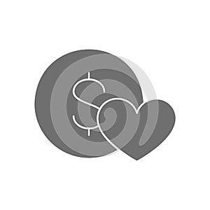 Coin with heart, giving a love, charity, donation grey fill icon. Finance, payment, invest finance symbol design.