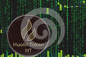 Coin HT huobi token cryptocurrency on the background of binary crypto matrix text and price chart.