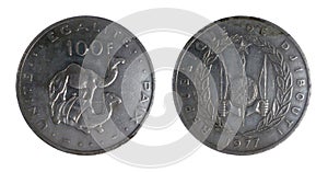 Coin of hundred francs from Djibouti minted in 1977