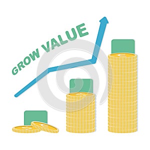Coin icon in flat design. Gold coin symbol. Concept of income with arrow up. Grow value euro and dollar symbol.