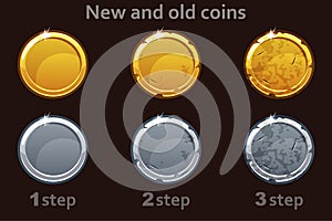 Coin icon. Vector Gold and silver coins. 3 steps of drawing a coin from new to old.