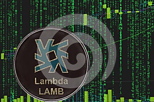 Coin LAMB Lambda cryptocurrency on the background of binary crypto matrix text and price chart.