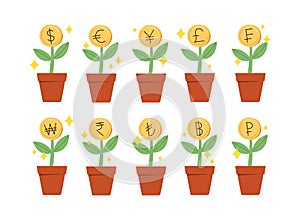 Coin of many currency on potted plant in vector illustration.