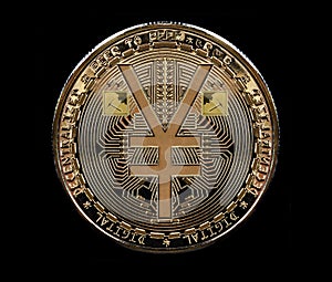 Coin minted in gold to celebrate the emergence of e-RMB, digital version of the yuan, China`s new digital and virtual currency.