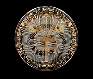 Coin minted in gold to celebrate the emergence of e-RMB, digital version of the yuan, China`s new digital and virtual currency. photo
