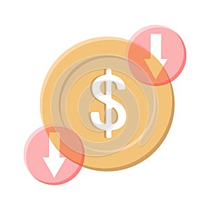 Coin money decrease. Dollar currency downfall. Financial loss symbol. Vector economy emblem.