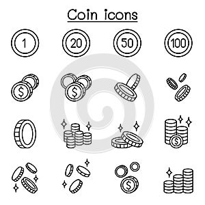 Coin, money icon set in thin line style