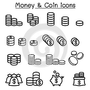Coin & money icon set in thin line style