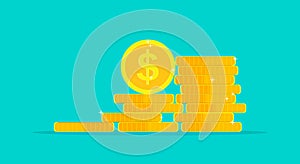 Coin money stack. Pile of gold dollar. Icon of golden cent and penny. Treasure and income isolated on blue background. Symbol of