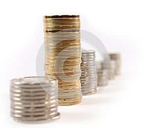 Coin money in stacks isolated