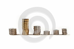 Coin money in stacks isolated