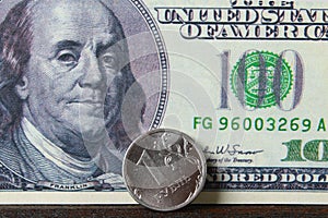coin one ruble against the background US dollars background.