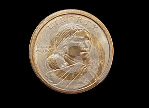 Coin one US dollar Sacagawea Dollar on a black background photo