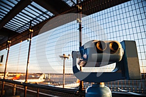 Coin-operated binoculars or telescope for tourists to observe plane takeoffs and ladings in airport observation deck