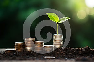 Coin with plant invest money concept, environment concept, sunrise, grow your money step by step