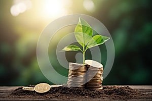 Coin with plant invest money concept, Green environment concept, sunrise