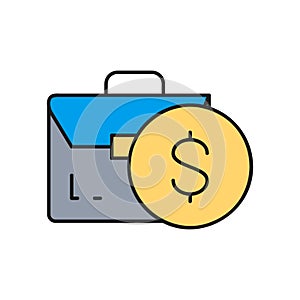 Coin with portfolio, money and stock portfolio, investing color lineal icon. Finance, payment, invest finance symbol