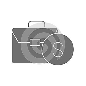 Coin with portfolio, money and stock portfolio, investing grey fill icon. Finance, payment, invest finance symbol design