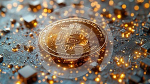 golden bitcoin on a complex circuit board photo