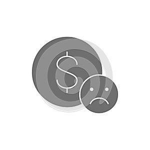 Coin with sad face, bankruptcy, dislike, negative feedback grey fill icon. Finance, payment, invest finance symbol