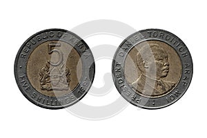 Coin 5 Shillings 1997 Kenya on white photo