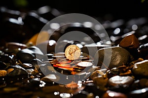 a coin sitting on top of a pile of rocks and pebbles